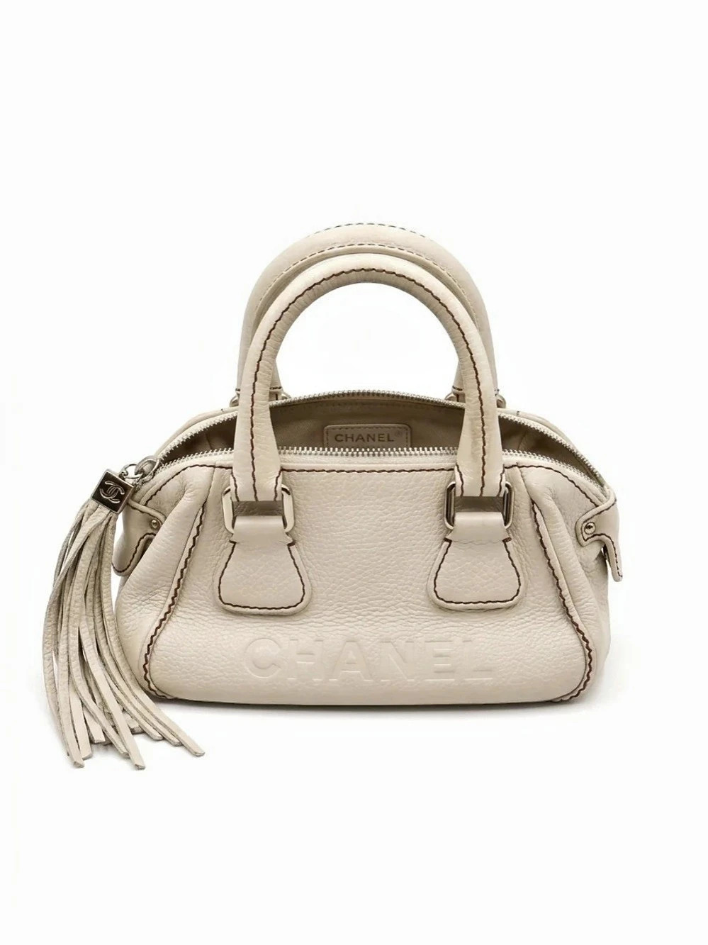 Chanel White Leather Tassel Small Bowler Bag Satchel